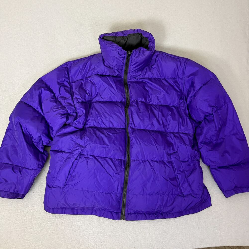Reversible Purple Black Down Puffer Jacket Zip Front Lightweight Coat